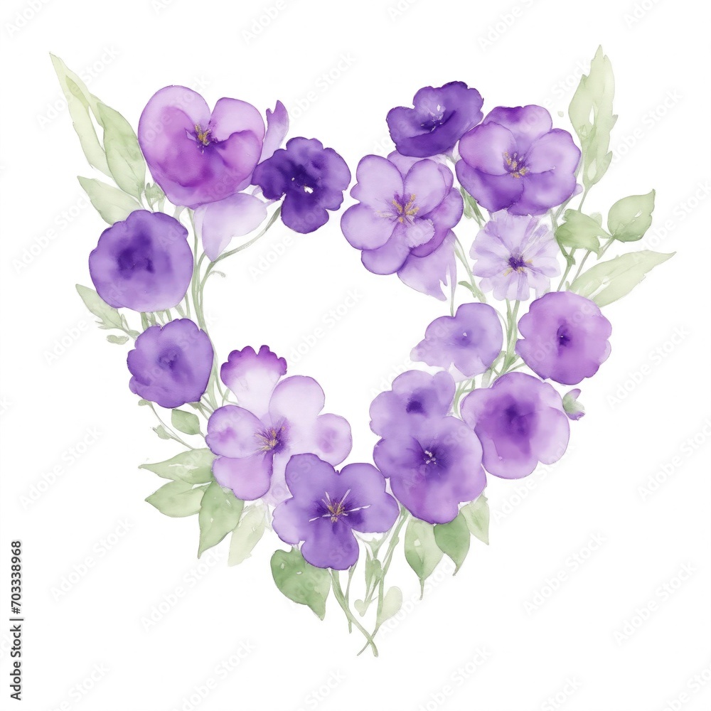 Purple Watercolor Flowers in Shape of Heart on White Background