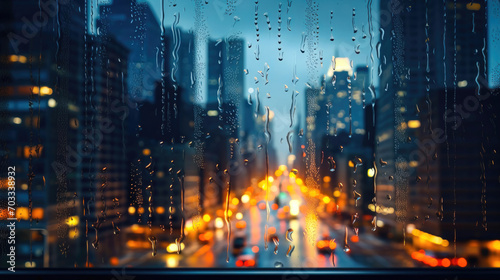 Cityscape at Night  Raindrops on Window with Blurred Bokeh