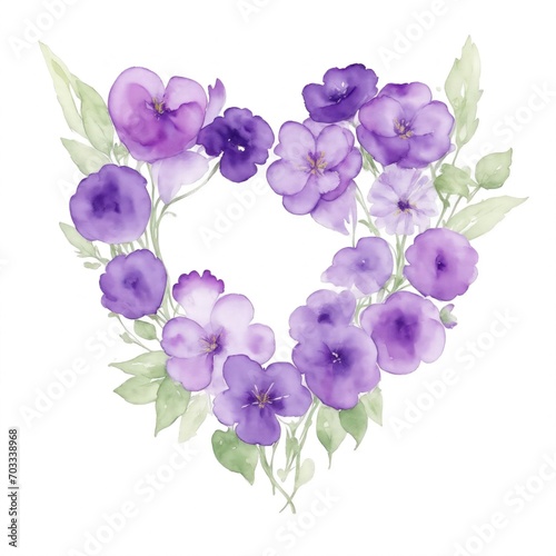 Purple Watercolor Flowers in Shape of Heart on White Background