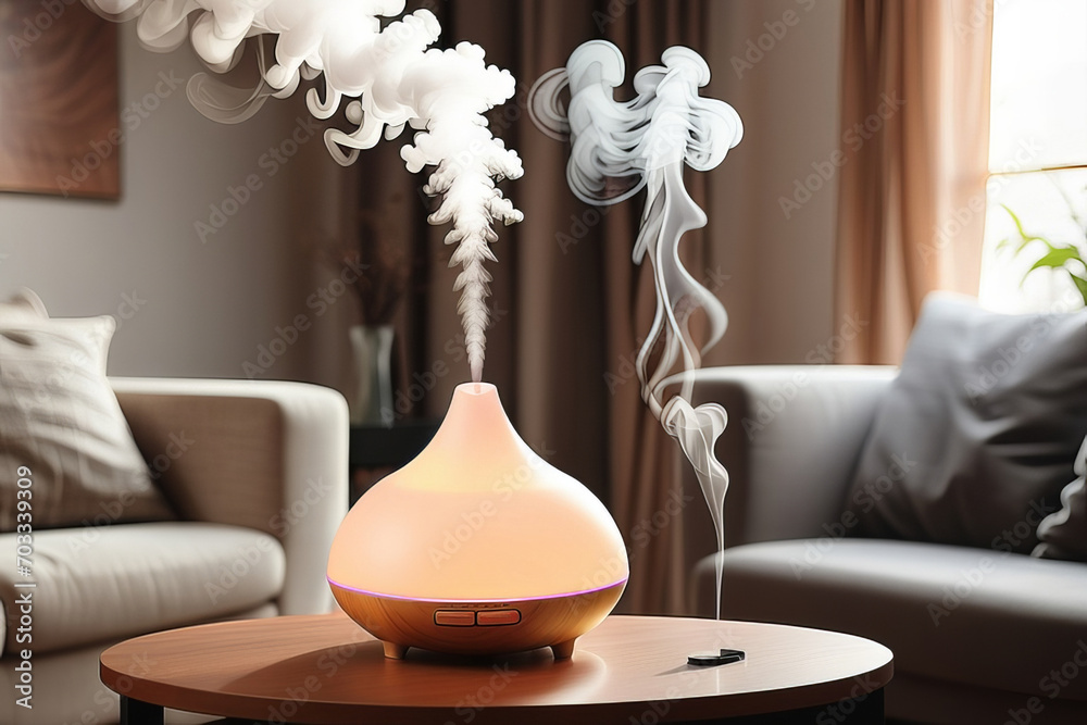 Fototapeta premium Aroma oil diffuser with rising steam flow on table in living room.