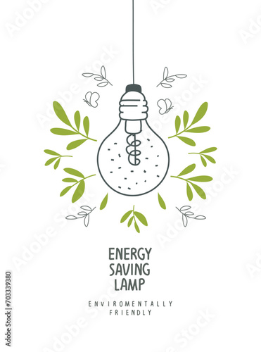 Environmentally friendly planet. Cartoon sketch of eco lamp with green sprouts and leaves. Energy saving lamp symbol. Save nature  and renewable energy concept. Think Green. 