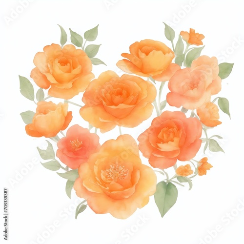 Orange Watercolor Flowers in Shape of Heart on White Background