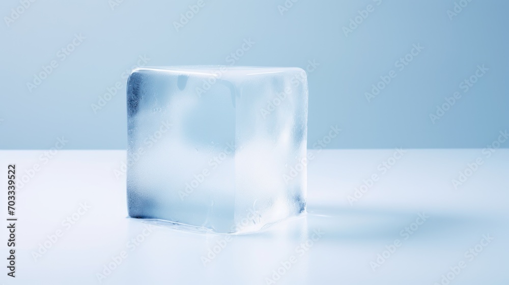 a block of ice sitting on top of a white table next to a light blue wall with a shadow on it. a block of ice sitting on top of a white table next to a light blue wall with a shadow on it.
