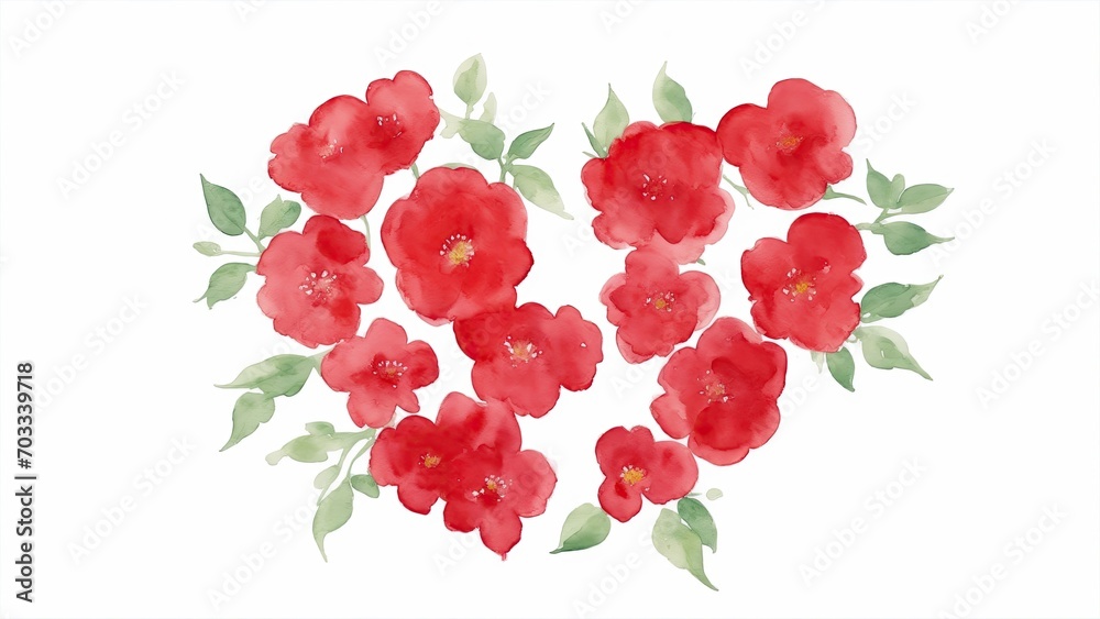 Red Watercolor Flowers in Shape of Heart on White Background