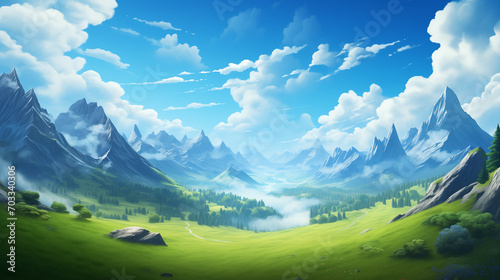 mountain landscape, valley landscape, blue sky background