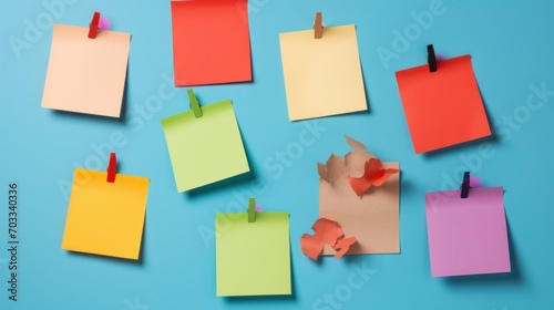  a group of colorful sticky notes pinned to a blue wall with a clip of paper pinned to the side of it.