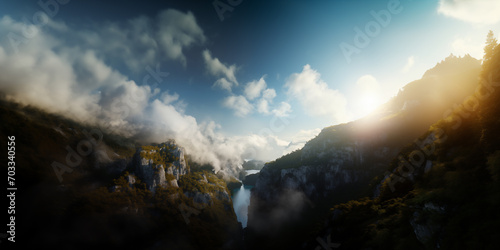Breathtaking Eternal Horizon: Mystical Mountains and Radiant Skies Embrace the Whispering Wilderness - Epic fantasy landscape - Vibrant sky, valleys and hills © ana