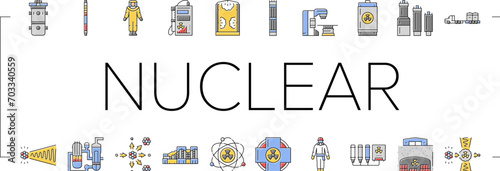 nuclear engineer energy power icons set vector. industry technology, plant factory, electricity industrial, station equipment nuclear engineer energy power color line illustrations