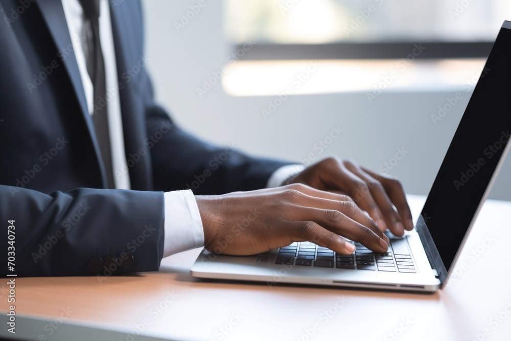 Unrecognizable african american employee working on laptop in modern office. Side view Unrecognizable african american employee working on laptop in modern office. Side view