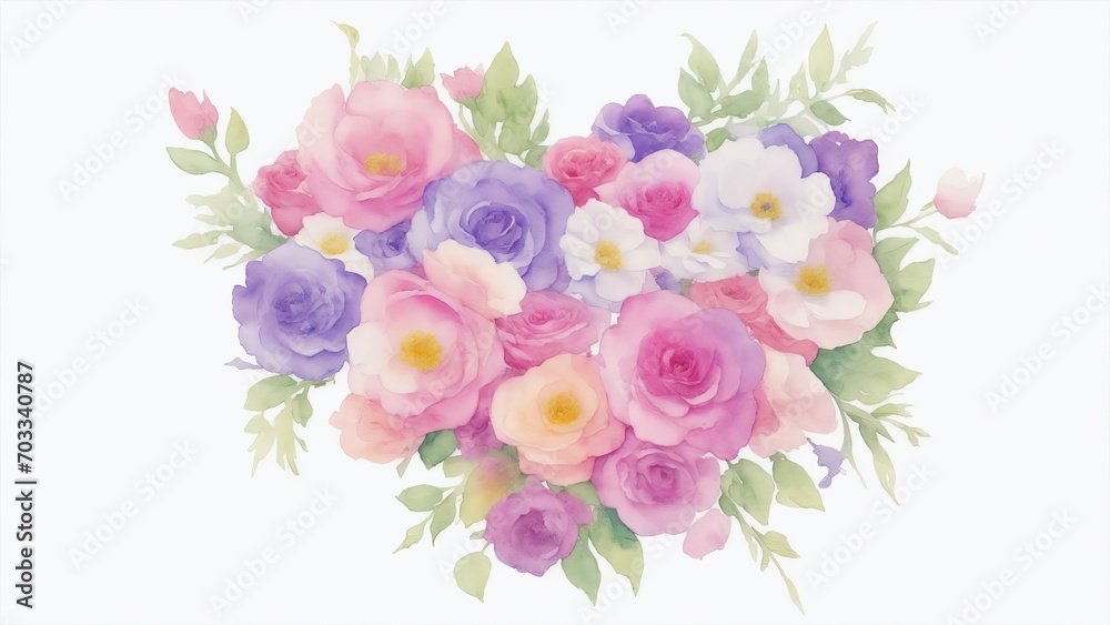 Watercolor Flowers in Shape of Heart on White Background