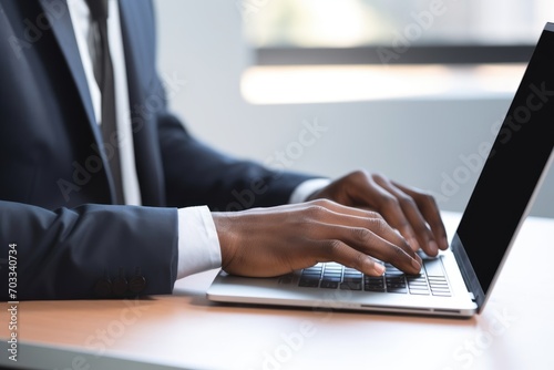 Unrecognizable african american employee working on laptop in modern office. Side view