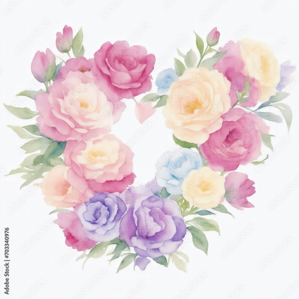 Fototapeta premium Watercolor Flowers in Shape of Heart on White Background