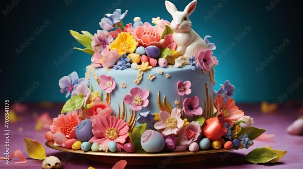  a cake decorated with flowers and a bunny sitting on top of it on a table with confetti scattered around it.