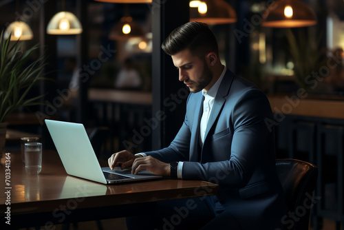 Businessman at cafe, using laptop, showcasing contemporary work environment © Klemenso