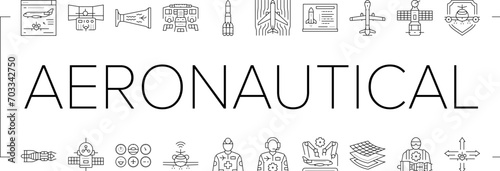 aeronautical engineer aircraft icons set vector. transportation aviation, plane mechanical, engine industry, mechanic turbine aeronautical engineer aircraft black line illustrations
