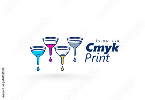 Cmyk logo polygraphy theme. Ink drops and watering can. Template design vector. White background.