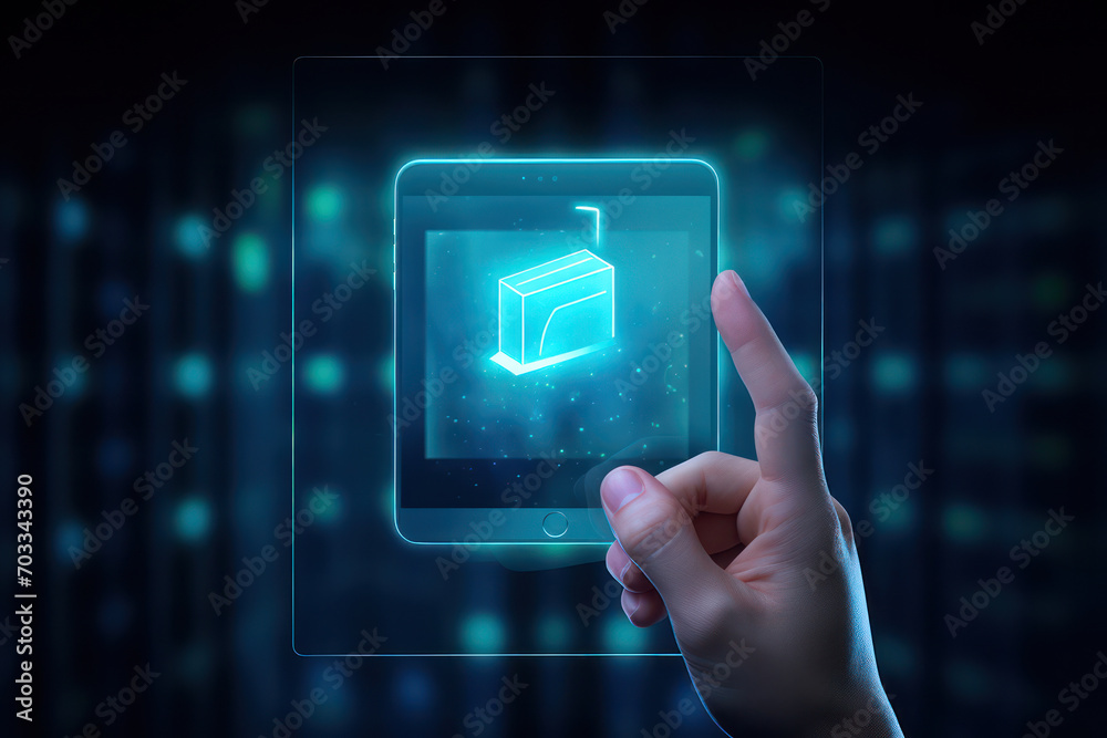 Digital Business Concept: Male Hand Touching a Virtual Screen Network Digital Business Concept: Male Hand Touching a Virtual Screen Network