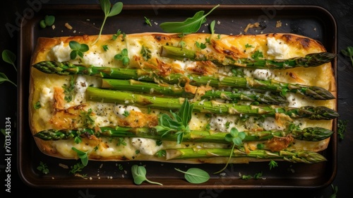  a casserole dish with asparagus, cheese, and parmesan on a metal tray on a table.