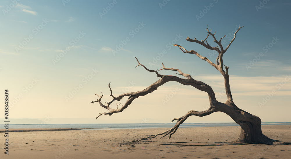 Scenic Sunset Reflection: Nature's Beauty Embracing a Tranquil Coastline with Driftwood on a Sandy Beach Scenic Sunset Reflection: Nature's Beauty Embracing a Tranquil Coastline with Driftwood on a Sandy Beach