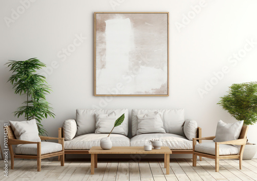Contemporary White Living Room Interior: Modern Design with Sofa, Wooden Wall and Creative Decor on White Empty Frame, Scandinavian Style Background.