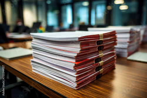 A tall stack of office documents, folders and paper on the table symbolizes a large amount of work and recycling.