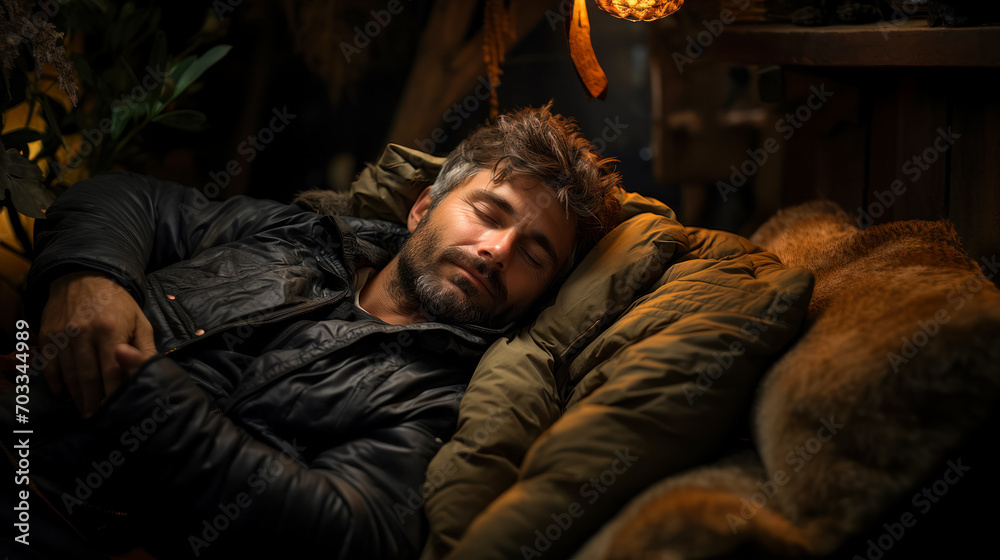Fototapeta premium Bearded adult man sleeping in a down jacket on a sofa covered with a blanket, relaxation and sleep after hiking in the mountains, time to travel, World Sleep Day concept