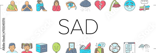 sad mood emotion face icons set vector. expression unhappy, people woman, girl angry, female emoticon, bad negative sad mood emotion face color line illustrations