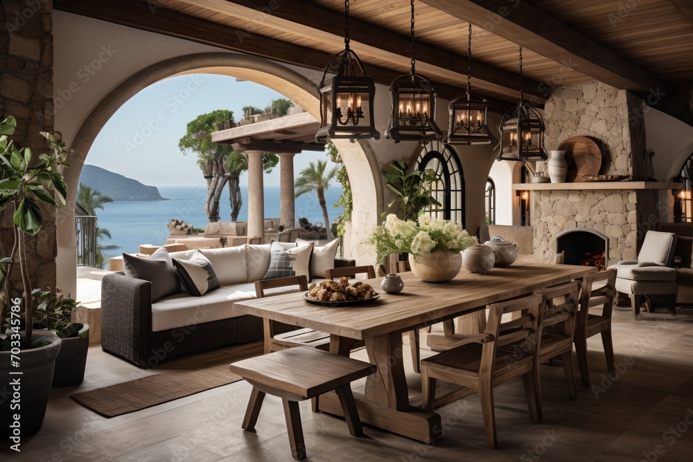 Fototapeta premium Rustic Mediterranean Style Home Terrace With Fireplace