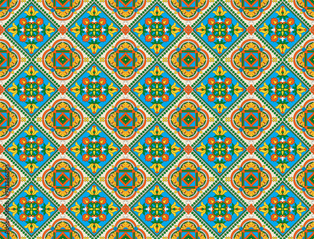 Colorful seamless arabian pattern with climbing plants and decorative elements. Indian wallpaper. Floral design for wrapping paper, wallpaper, fabric, textile, carpet, mat, rug, cover.
