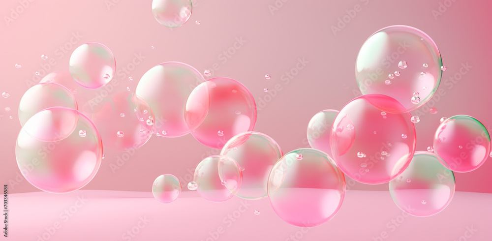 Pink abstract background with glass shining spheres. Backdrop design for product promotion. 3d rendering