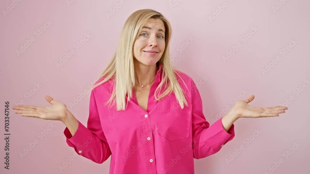 Young blonde adult woman screaming her lungs out with a hand on the mouth, expressing overflowing frustration over an isolated pink background Young blonde adult woman screaming her lungs out with a hand on the mouth, expressing overflowing frustration over an isolated pink background