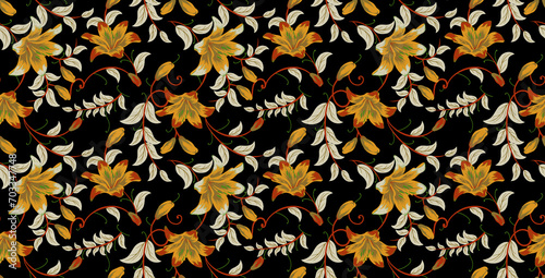 seamless pattern of vintage flowers, ethnic vibe, grunge design, 60s wallpaper style. Seamless pattern of flowers in black and gold color. Abstract intricate flower design. floral background.