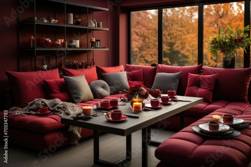 The interior of the living room with a burgundy sofa and a dining table