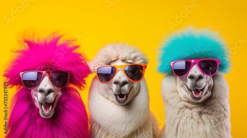 Optiker Brillenmode bei Tieren Marketing Kartenmotiv für Brillengeschäft mit lustigen Tieren die Sonnenbrille tragen Generative AI © Imagecreator