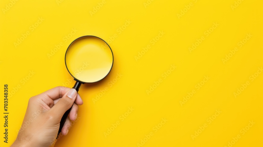  a person's hand holding a magnifying glass over a yellow background with a hand holding a magnifying glass. - obrazy, fototapety, plakaty 
