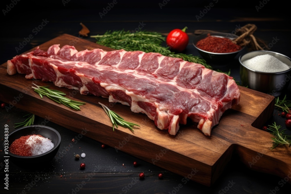 Raw pork ribs are laid out on a cutting board