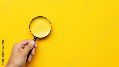  a person's hand holding a magnifying glass over a yellow background with a hand holding a magnifying glass. photo