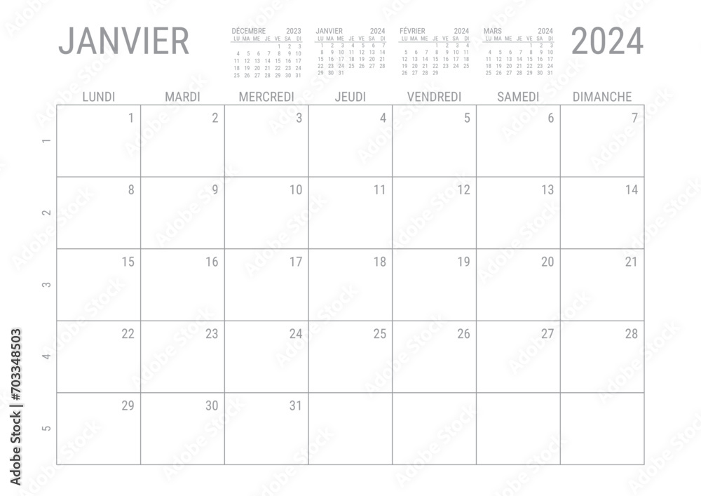 Calendrier Janvier 2024 Mensual Planificateur avec Numero de Semaine à imprimer A4