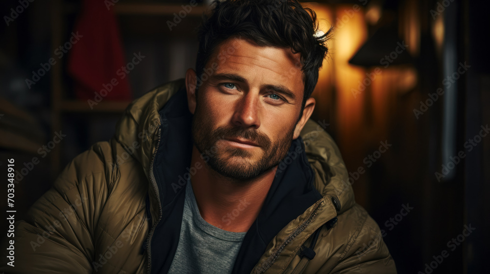 Portrait of a traveler tourist relaxing in the lobby of a chateau after hiking or skiing, concept for a banner about popular routes Portrait of a traveler tourist relaxing in the lobby of a chateau after hiking or skiing, concept for a banner about popular routes
