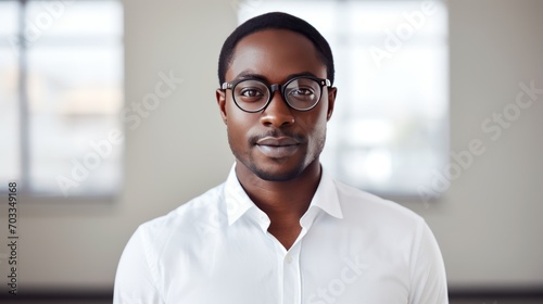 Portrait of confident businessman, dark skin, short hair, glasses at creative office isolated on white 