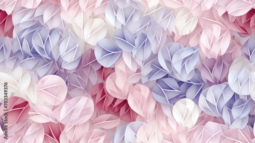  a large group of pink, blue and purple leaves on a white and pink background with pink and blue leaves on the left side of the image.