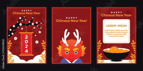 Happy Chinese New Year 2024 poster with red background. Trees, dragons, orange. Social media stories, banners, posters and more 