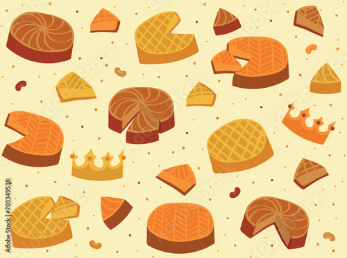 Galette des rois french epiphany king cake with crown. Vector icon background for epiphany day.