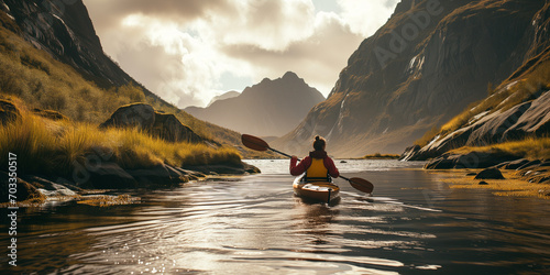 Woman kayaking in a lake with mountains in the background, norwegian nature, Landscape Image with Copy Space