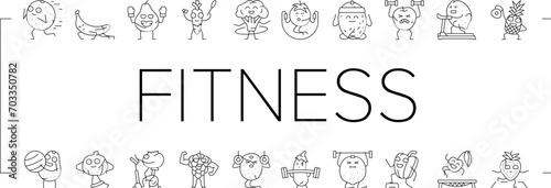fitness character sport workout icons set vector. healthy, health exercise, gym training, fit body, activity weight, lifestyle fruit, food fitness character sport workout black line illustrations