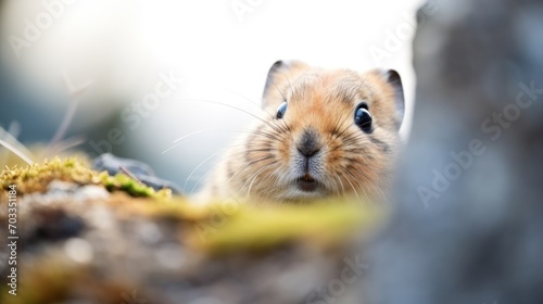  a close up of a small rodent looking at the camera with a blurry background of grass and rocks.
