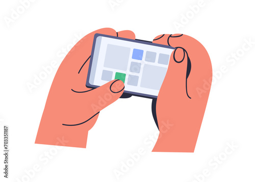 Photo, picture gallery on mobile phone screen in hands. Looking image album, ...