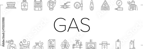 gas service energy power fuel icons set vector. control industry petrol, business gasoline, technician pump, station home, engineer gas service energy power fuel black line illustrations