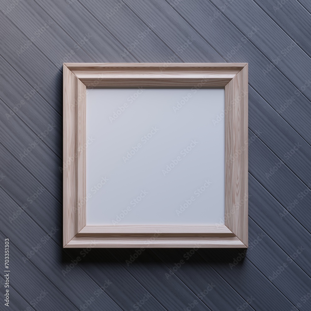 Fototapeta premium Empty square wooden frame on black wooden wall, 3d wooden frame, 3d render picture frame