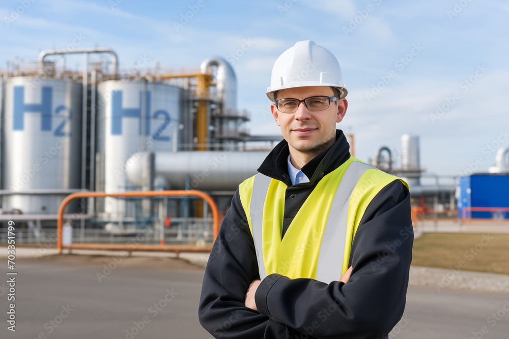 Engineer in helmet on a background of Hydrogen factory Engineer in helmet on a background of Hydrogen factory